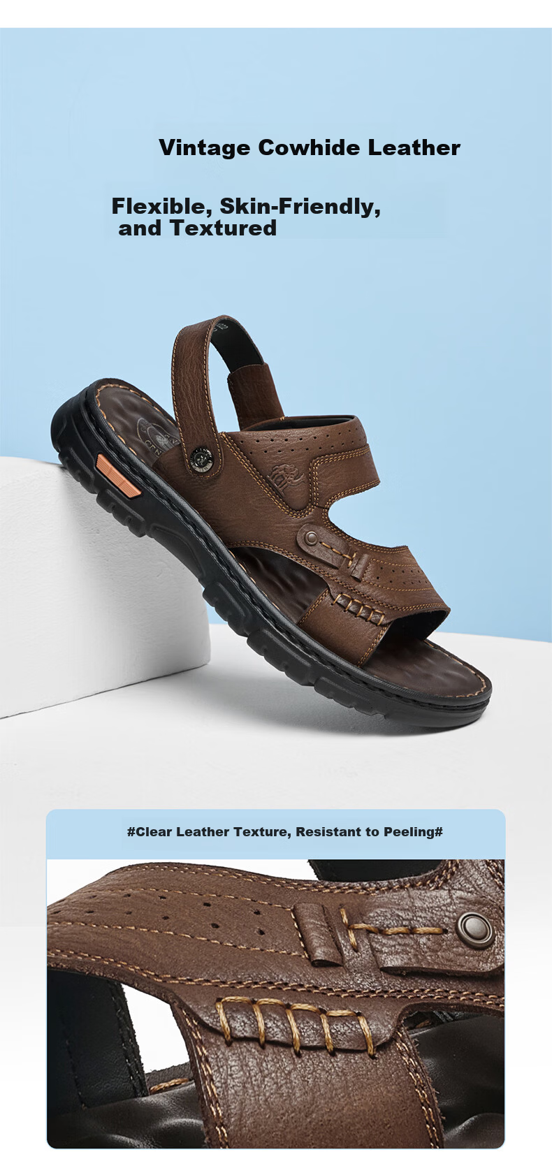 CAMEL Two-Way Breathable Cowhide Leather Dad Casual Business Sandals for Men, Outdoor Wear, G16M211022, Black, Size 39 3