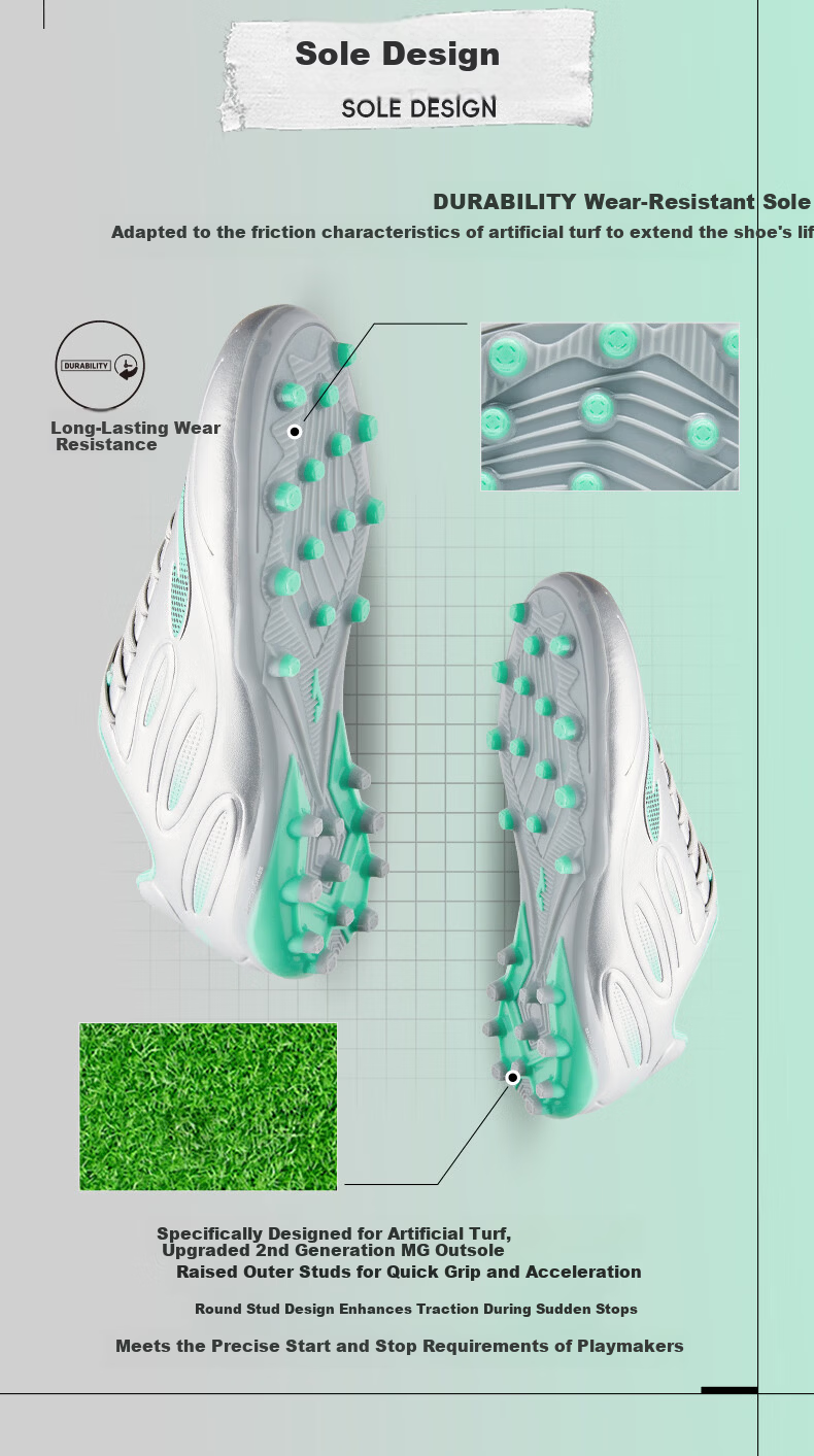 JOMA Men's Soccer Shoes MG Short Studs Adult Youth Student Competition Training Shoes Thunder 3.0 Silver/Green Size 40 7