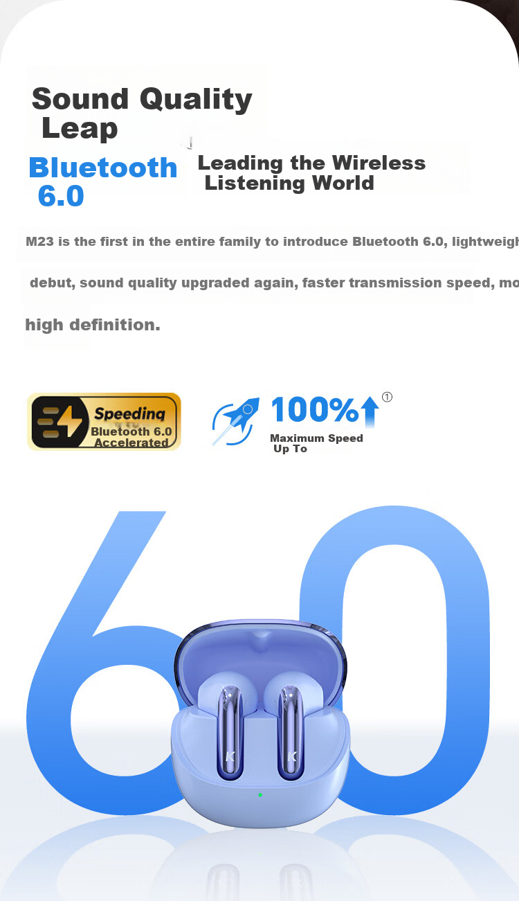 KUGOU M23 Bluetooth 6.0 Earphones Semi-In-Ear Wireless Music Gaming Low Latency Long Battery Life Noise Cancelling Compatible with Huawei Apple Xiaomi Men 5