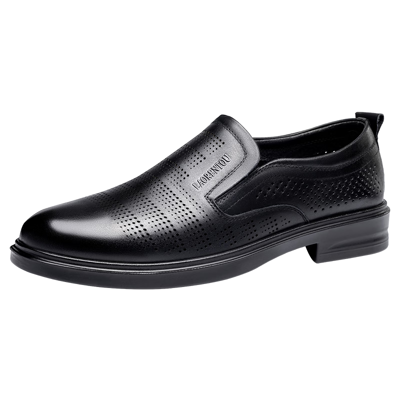LAORENTOU Men's Summer New Genuine Leather Hollow Casual Shoes Comfortable Breathable Non-slip Perforated Shoes LL170 Black Size 39