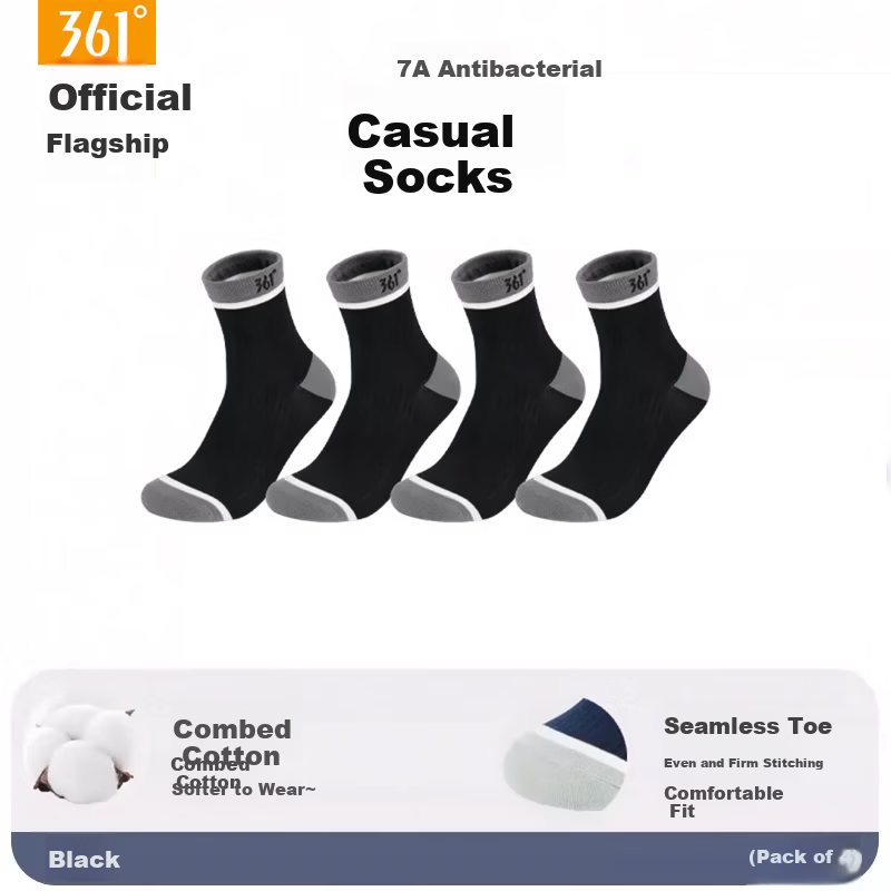 361° Business Cotton Socks Spring Summer New Men's Antibacterial Deodorant Mid-Calf Socks Black/4 Pairs One Size