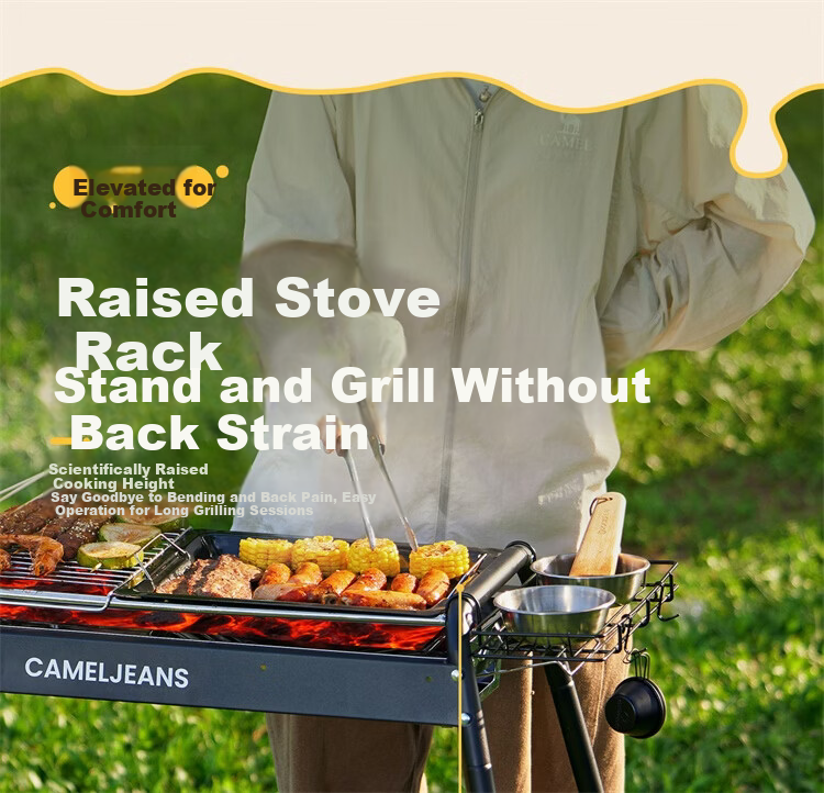 CAMELJEANS BBQ Grill Home Barbecue Rack Skewers Outdoor Camping Portable Charcoal Detachable 174BH05719 Black 12