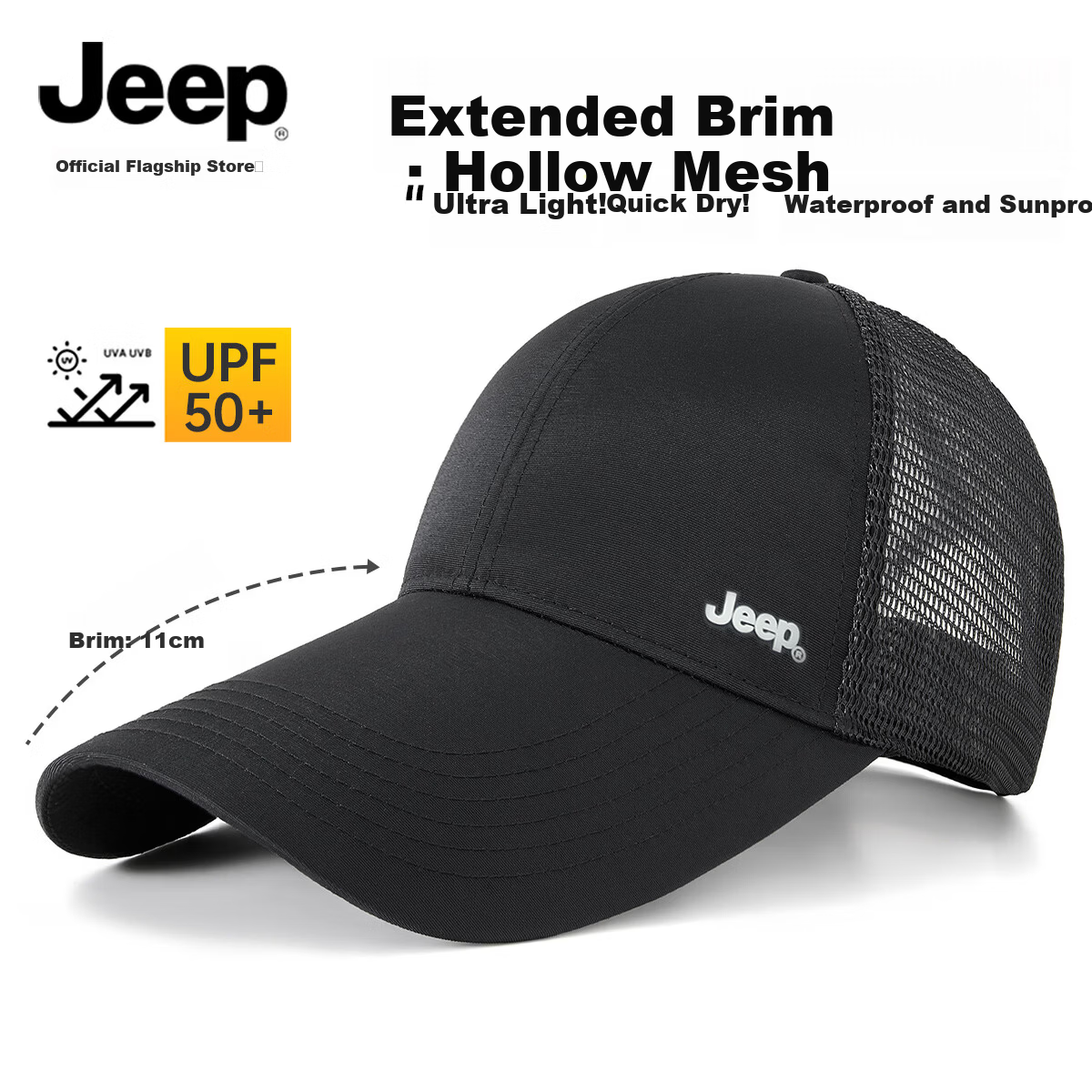 JEEP Men's Summer Quick-Dry Extended Brim Baseball Cap Women's Water-Repellent Duckbill Breathable Mesh Sunshade Hat