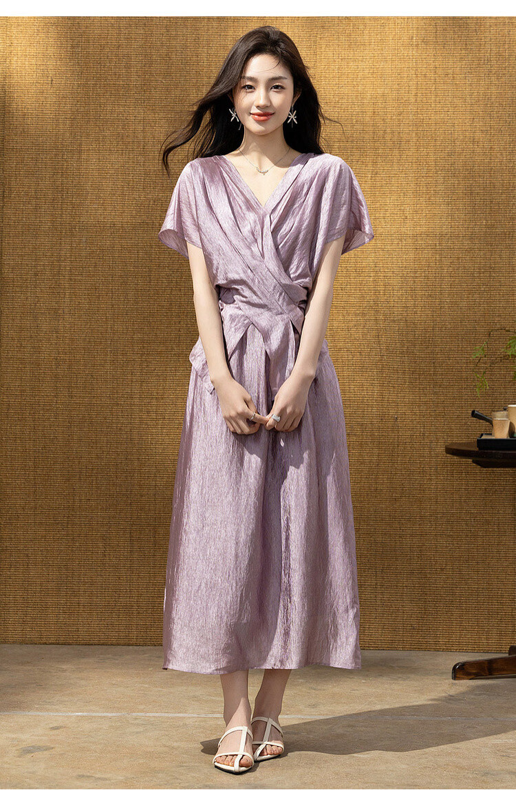 Demana Wrinkled Acetate Summer Elegant Luxury V-Neck Cross Waist Batwing Sleeve Lightweight Dress for Women High-End Feel 18