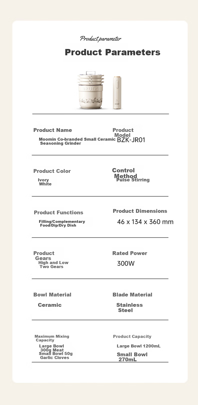 BRUNO Meat Grinder and Seasoning Machine Home Small Meat Mincer Multi-functional Chopper Mixer Food Processor Garlic Grinder [Upgraded Ceramic] Moomin Edition 14