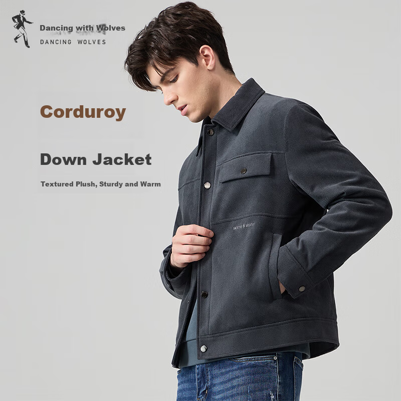 DANCING WOLVES 85% Duck Down Autumn Winter Corduroy Lapel Thick Men's Down Jacket 102 Dark Blue 175