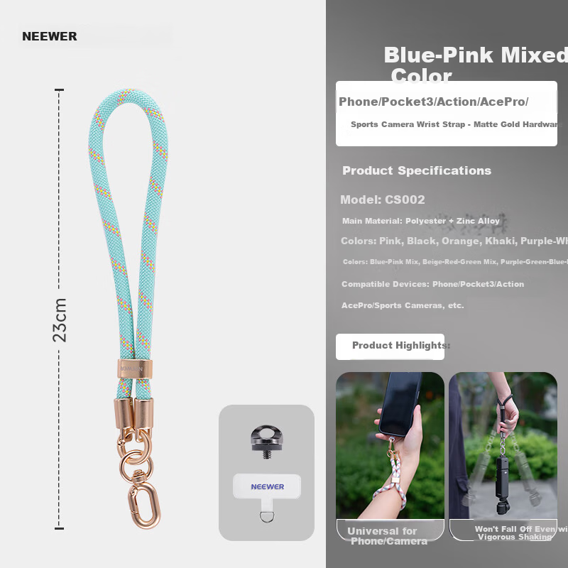NEEWER Wrist Strap Lanyard for DJI Pocket 3/Action 4/5/Smartphone Sports Camera Portable Anti-Lost Anti-Drop Wristband Blue Pink
