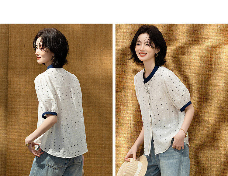 Demana Oxygen Linen Summer Fresh Plaid Color-Block Stand Collar Short Sleeve Loose Slim Women's Shirt 7