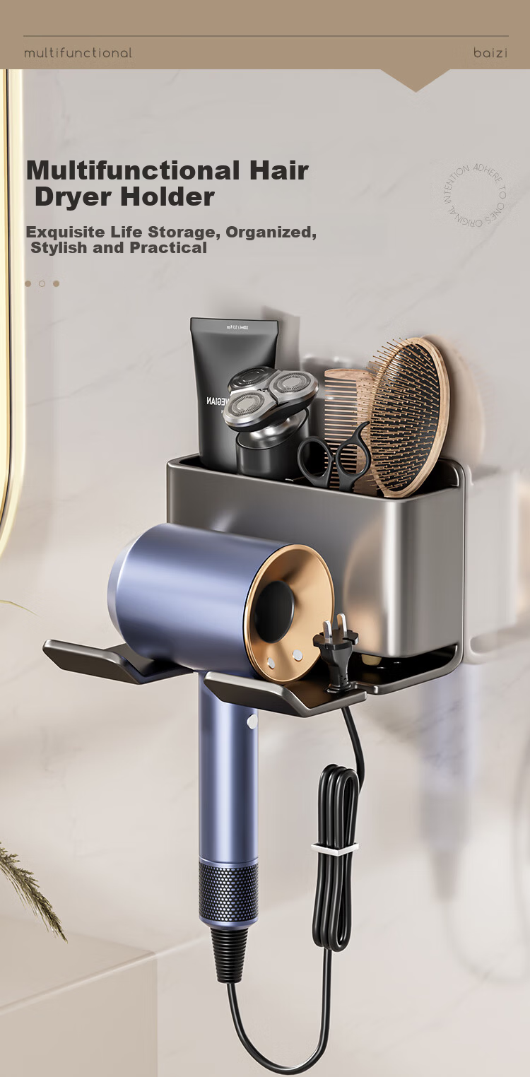 Baizi Hair Dryer Holder, No Drilling Required, Wall-Mounted Hair Dryer Stand, Hair Dryer Plug Hook 1