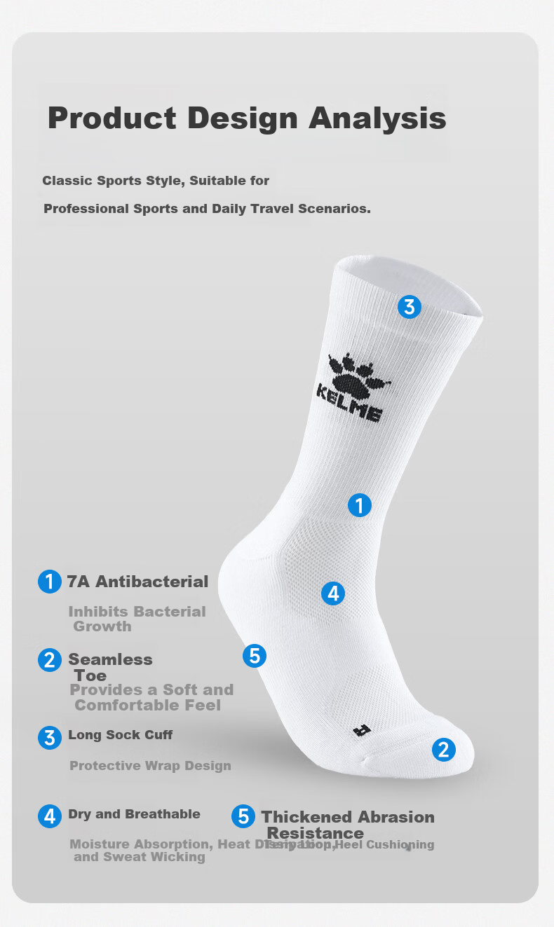 KELME 3-Pack Antibacterial Cushioned Durable Breathable Seamless Comfortable Sports Socks for Football Basketball Running 12