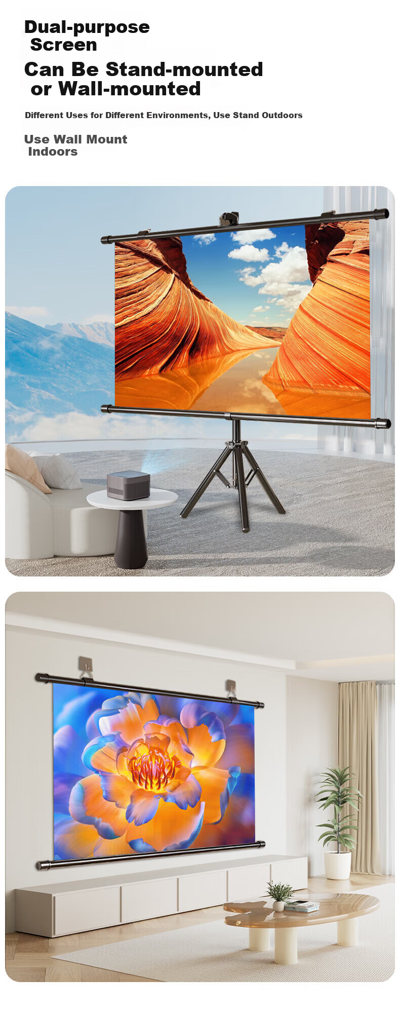 ASKE Projection Screen 100-inch High Gain Thickened White Plastic Stand No-Drill Wall-Mount Dual Use Supports 4K HD 3D Projection 16:9 Adjustable 178° Wide Angle Portable Office 15