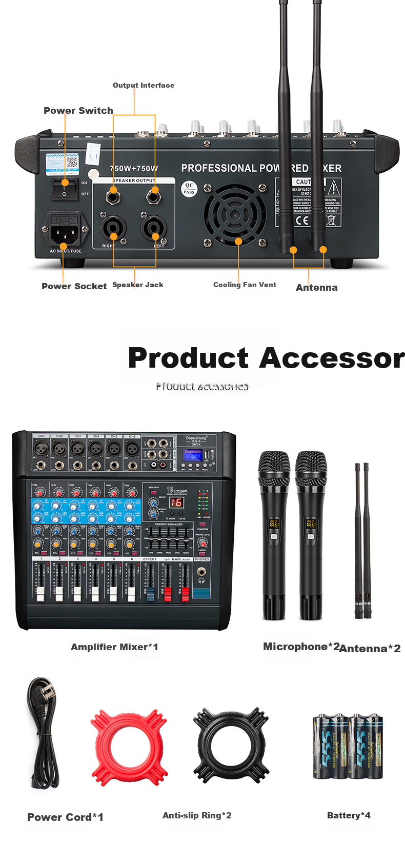 Depusheng GM7X Professional Mixer Amplifier Integrated 6-Channel with Dual Wireless Microphones High-Power Stage Home Karaoke Conference 16 Reverb Effects USB Bluetooth Playback 350W*2 9