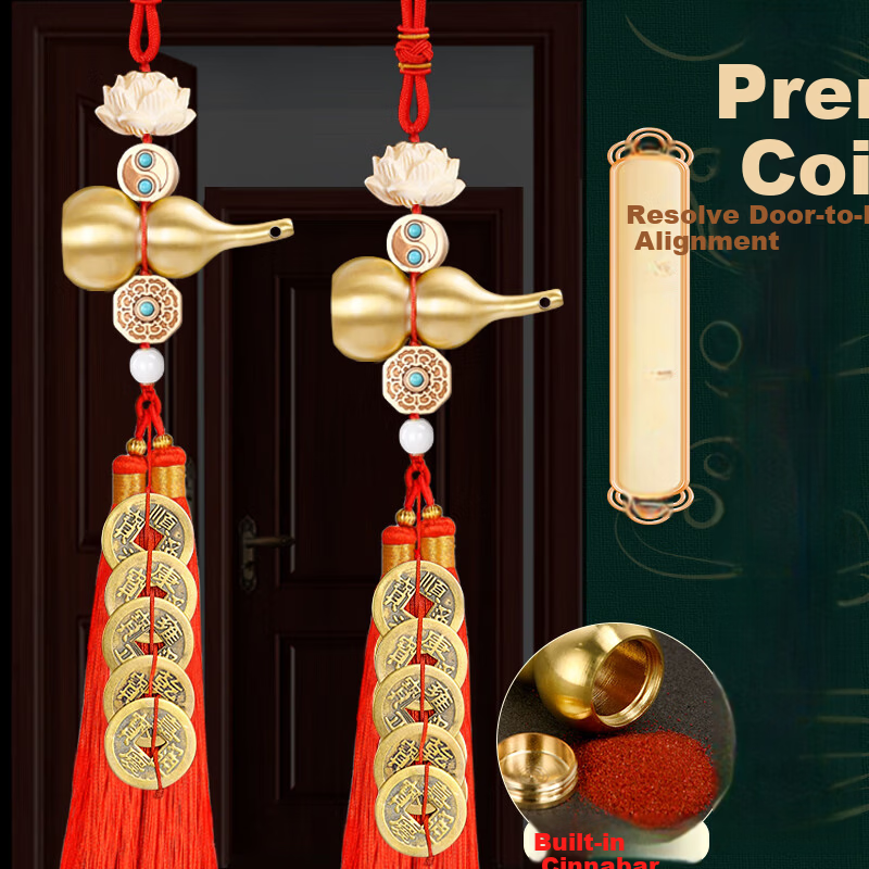 Feng Shui Pavilion Five Emperor Coins Pendant Copper Gourd Genuine Copper Coins Hanging Decoration for Living Room Bedroom Bathroom Entrance with Cinnabar for Safety and Peace 1