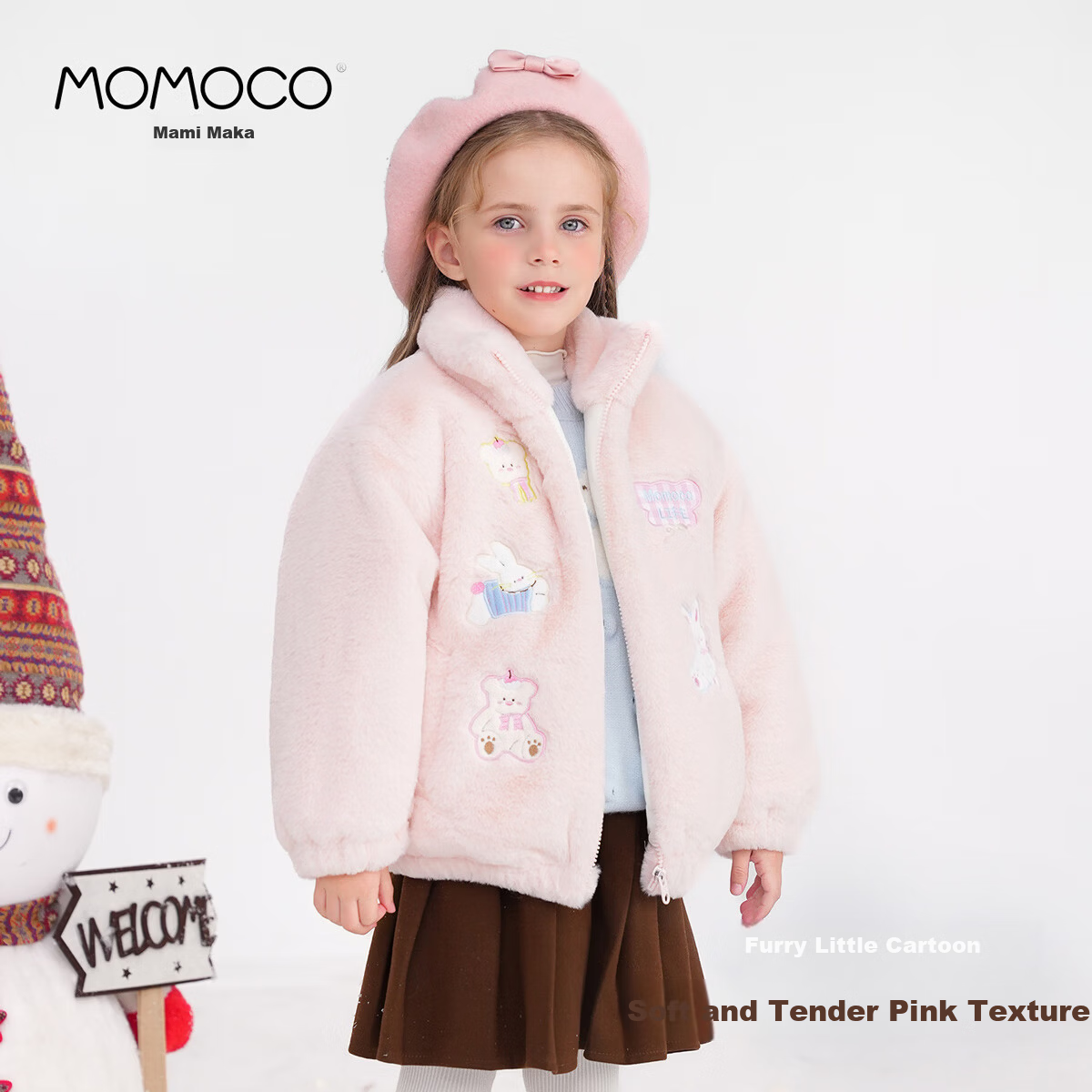 MOMOCO Kids Girls Winter Coat 2025 Korean Style Cute Furry Jacket Pink Size 105