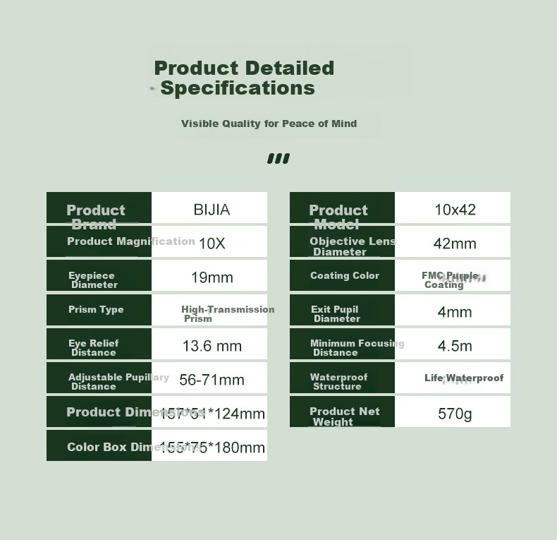 BIJIA 10X42 Purple Coated Multi-Functional Outdoor Multi-Layer Coated High-Definition High-Transparency Multi-Power Binoculars Anti-Slip Telescope 13
