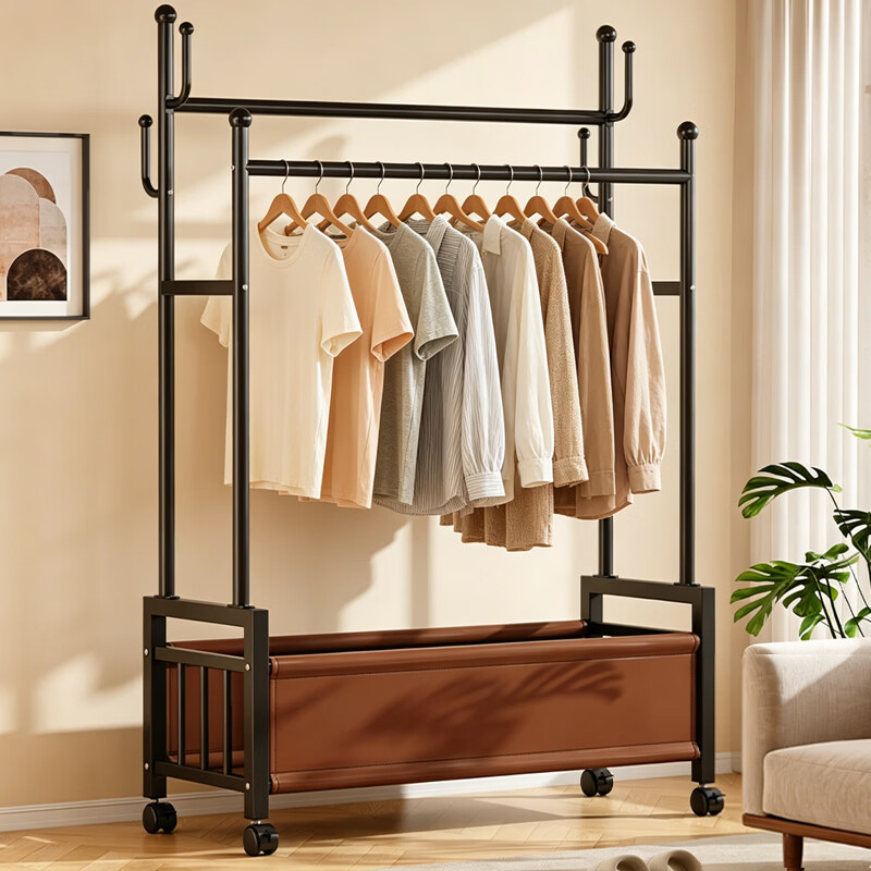 Shanshan Wooden Coat Rack Floor-Standing Bedroom Clothes Hanger Home Indoor Mobile Storage Double Rod Multifunctional Balcony Clothes Rack