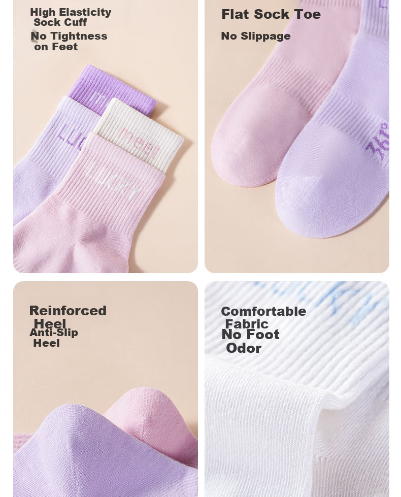 361° Spring Summer New Women's Antibacterial Breathable Sweat-Absorbing Mid-Calf Casual Running Sports Socks Pink 4-Pack 6
