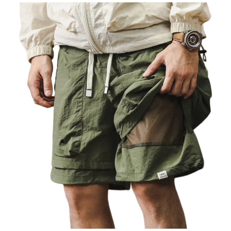 ROMON Men's Outdoor Functional Waterproof Quick-Dry Cargo Shorts Summer Cool Trendy Fake Two-Piece Mountain Casual Knee-Length Pants