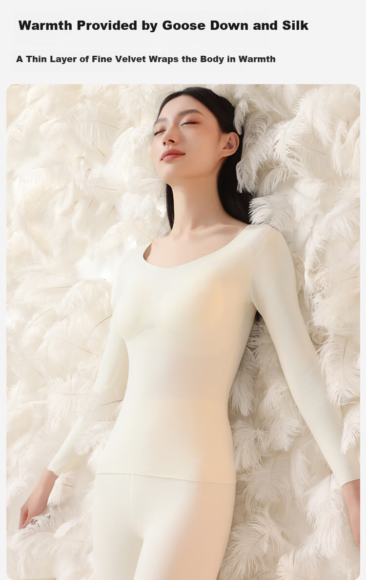 Urban Beauty Women's L Thermal Underwear Set with Goose Down and Silk Chest Pad, Thickened Autumn Top and Bottom 8