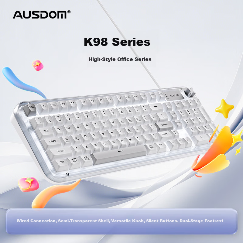 AUSDOM K98 Wired 98-Key Mechanical Feel Silent Keyboard with Volume Knob Backlit Office Gaming E-Sports Computer Keyboard Amber White Compatible with Laptop