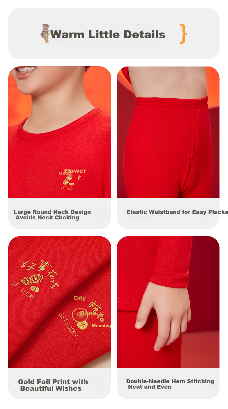 Hodohome Children's Thermal Underwear Girls Red New Year Lucky Autumn Shirt and Pants 3A Antibacterial Festival Outfit 300 170 8
