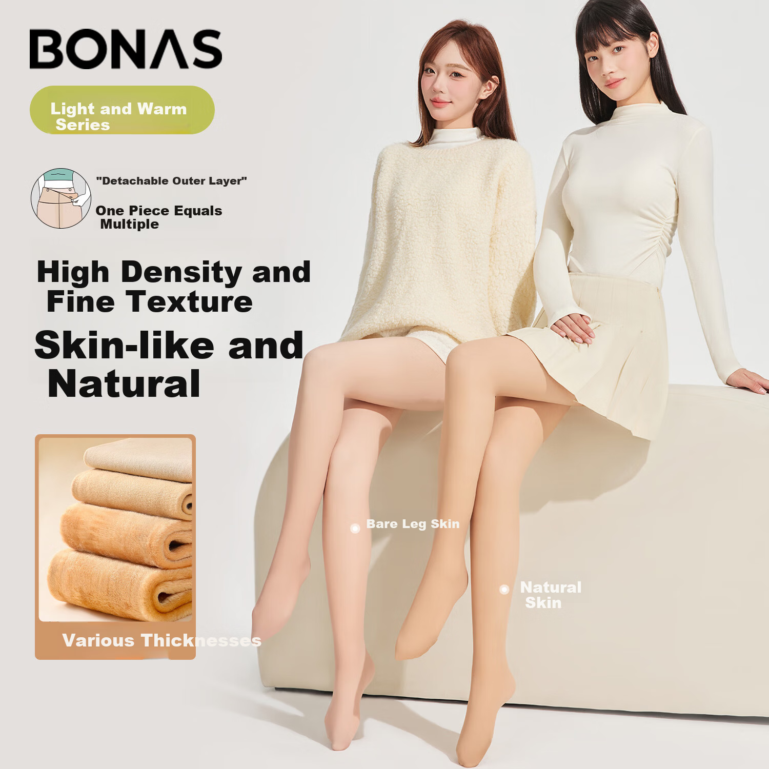 Bonas Detachable Tights Leggings Women Autumn Winter Fleece Lined Warm Base Layer Ultra Natural Bare Skin Effect Beauty Socks