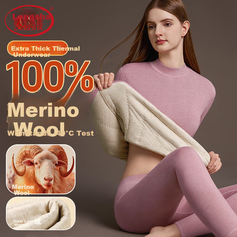 LangSha Women's Thermal Underwear Set Thickened Fleece Wool Warm Mid-Neck Winter Heat Retention Autumn Top and Bottom
