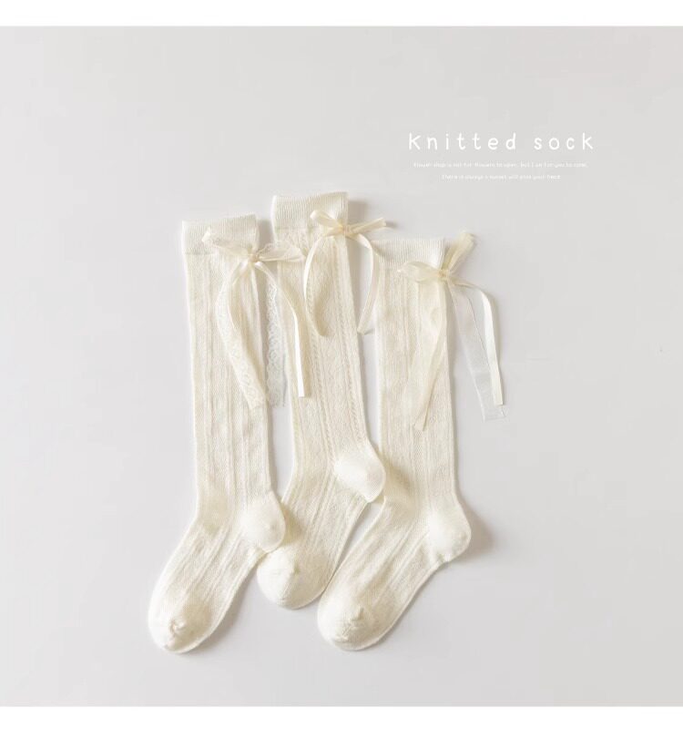 Yuzhaolin 3 Pairs Girls' Long Tube Socks Summer Thin Children's Socks Bowknot Princess Calf Socks Mid-Tube Ruffled Socks for Girls 10