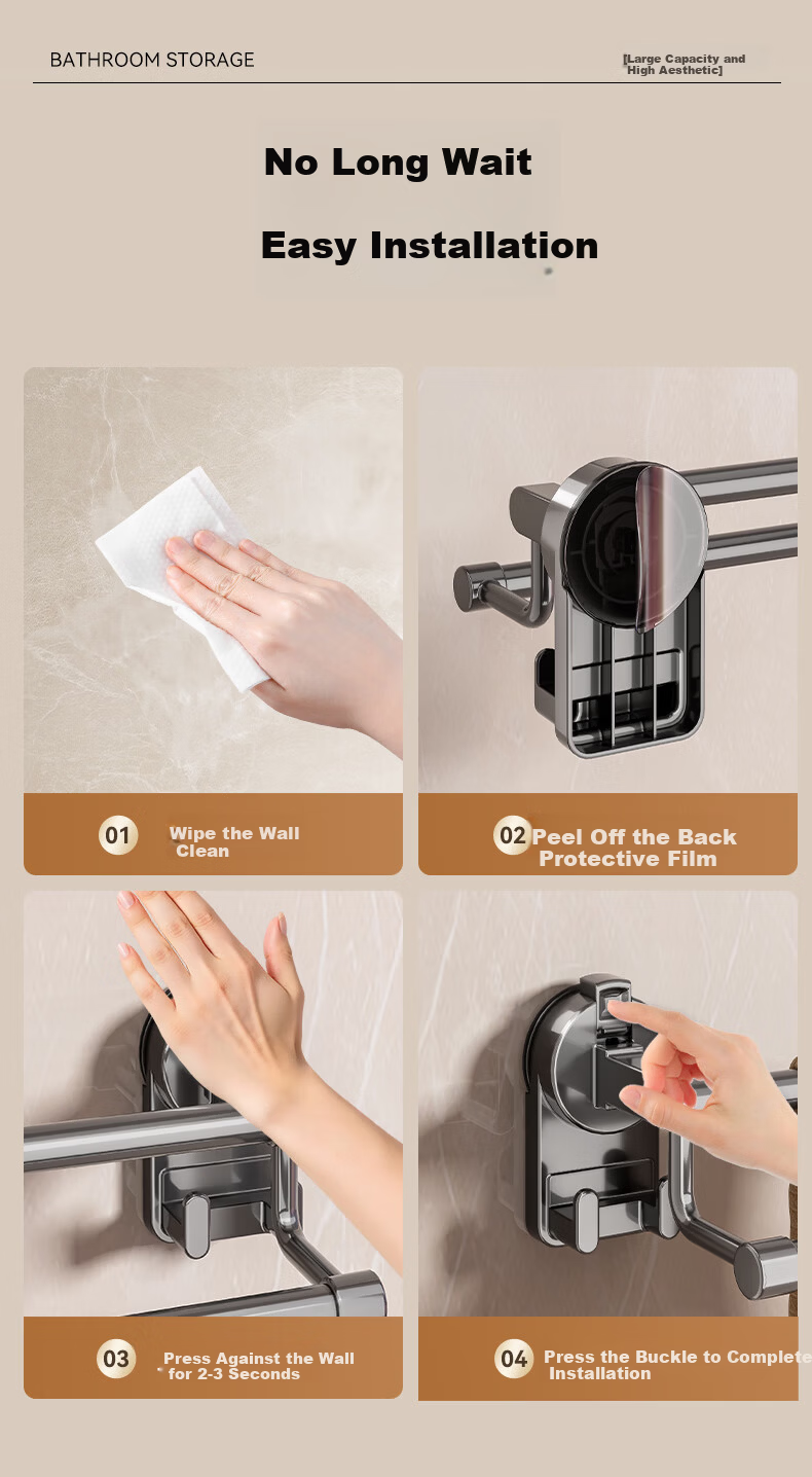 Baihan Suction Cup Towel Rack Bathroom Storage Shelf Wall-Mounted No-Drill Towel Bar Organizer 9