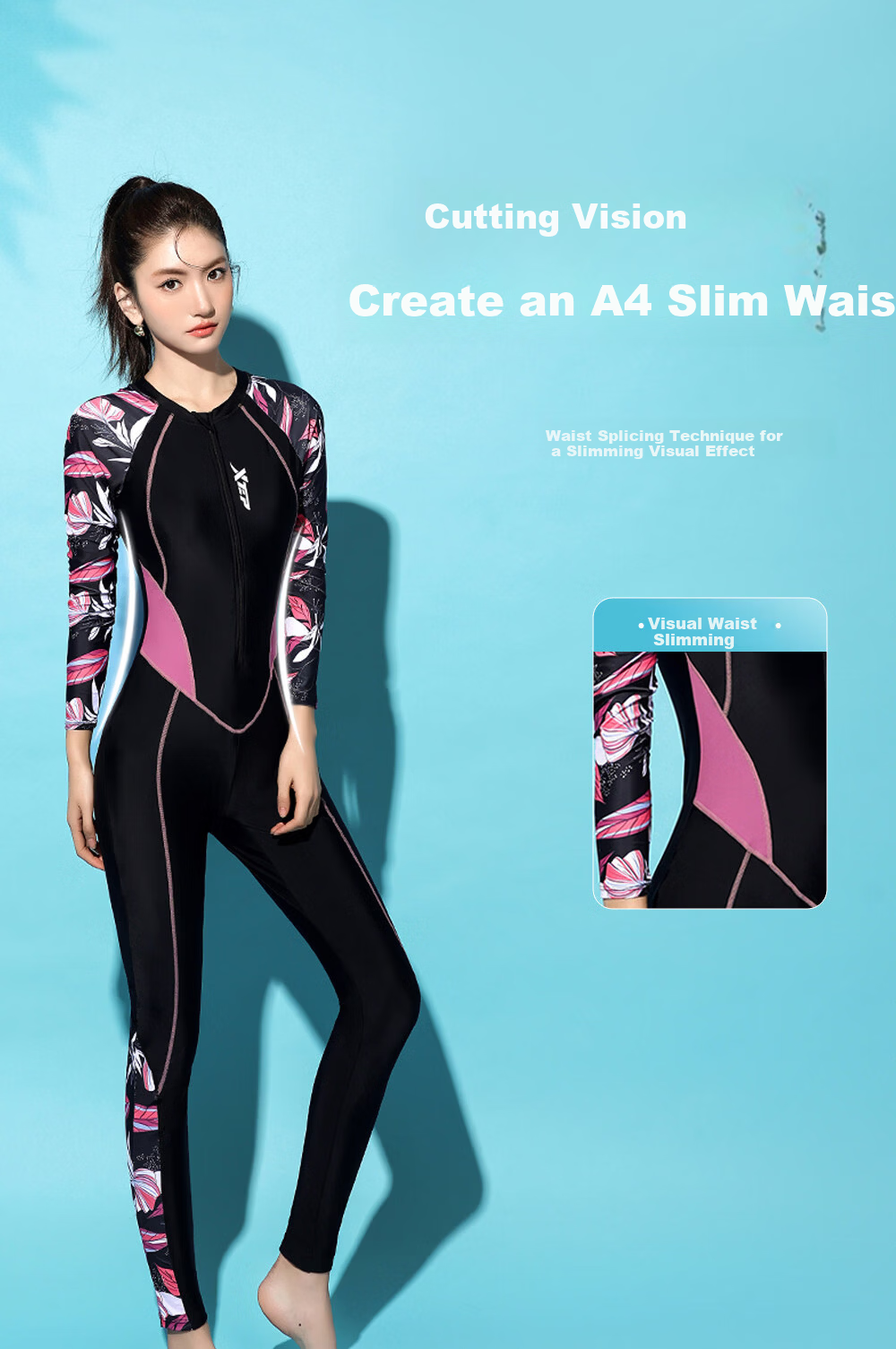 Xtep Women's Long Sleeve Long Pants Swimwear UV Protection Slim Fit Conservative Professional One-Piece Swimsuit for Swimming Pools and Hot Springs 3