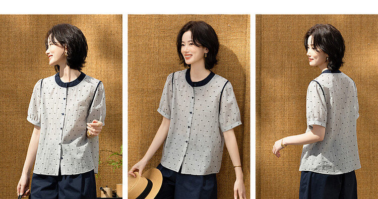 Demana [Smooth Lyocell] Summer Color-Block Bowknot Printed Round Neck Striped Short Sleeve Loose Petite Women's Shirt 6