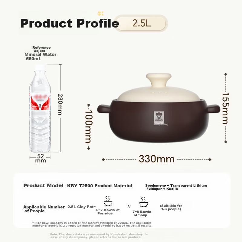 KOBACH 2.5L Ceramic Clay Pot for Home Cooking, Stewing Soup, Meat, Rice, Porridge, and Herbal Medicine Cooking