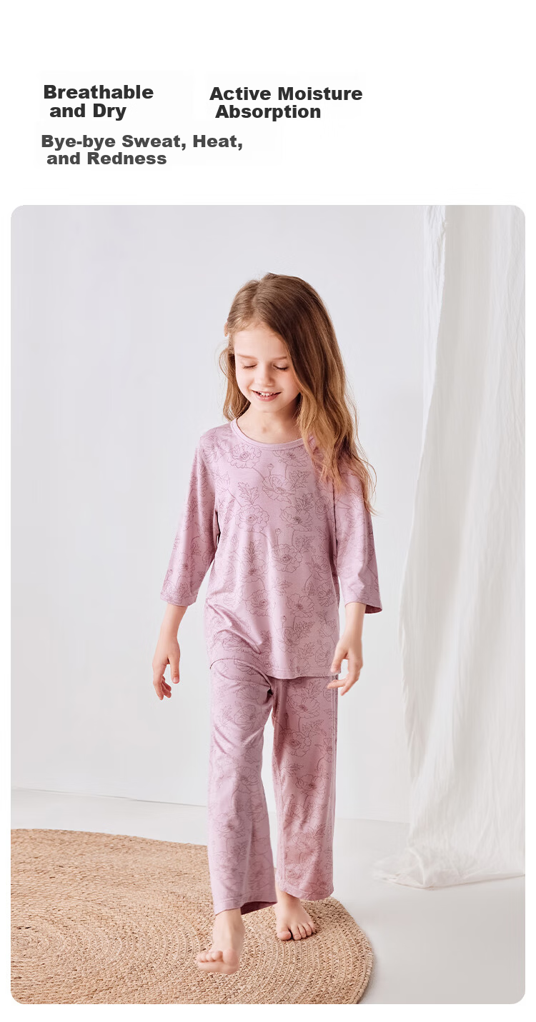 Junejunior [babylove Sub-brand] Girls' Summer Round Neck 3/4 Sleeve Pajama Set Air Conditioning Homewear 4