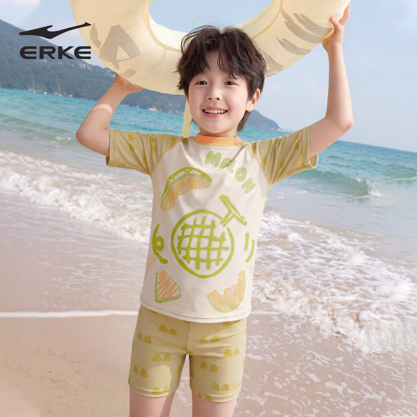ERKE Boys' Short Sleeve Two-Piece Swimsuit Set, Split Design, Sun Protection, Beach Swimwear for Kids
