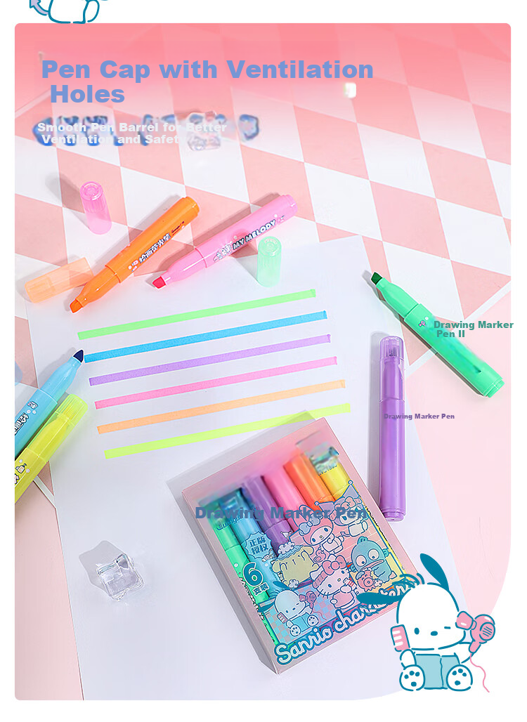 GuangBo & Sanrio Large Capacity Highlighter Pens, 6 Colors, Student Note-Taking Markers, Journaling Pens, Doodle Pencils, KT84591 8