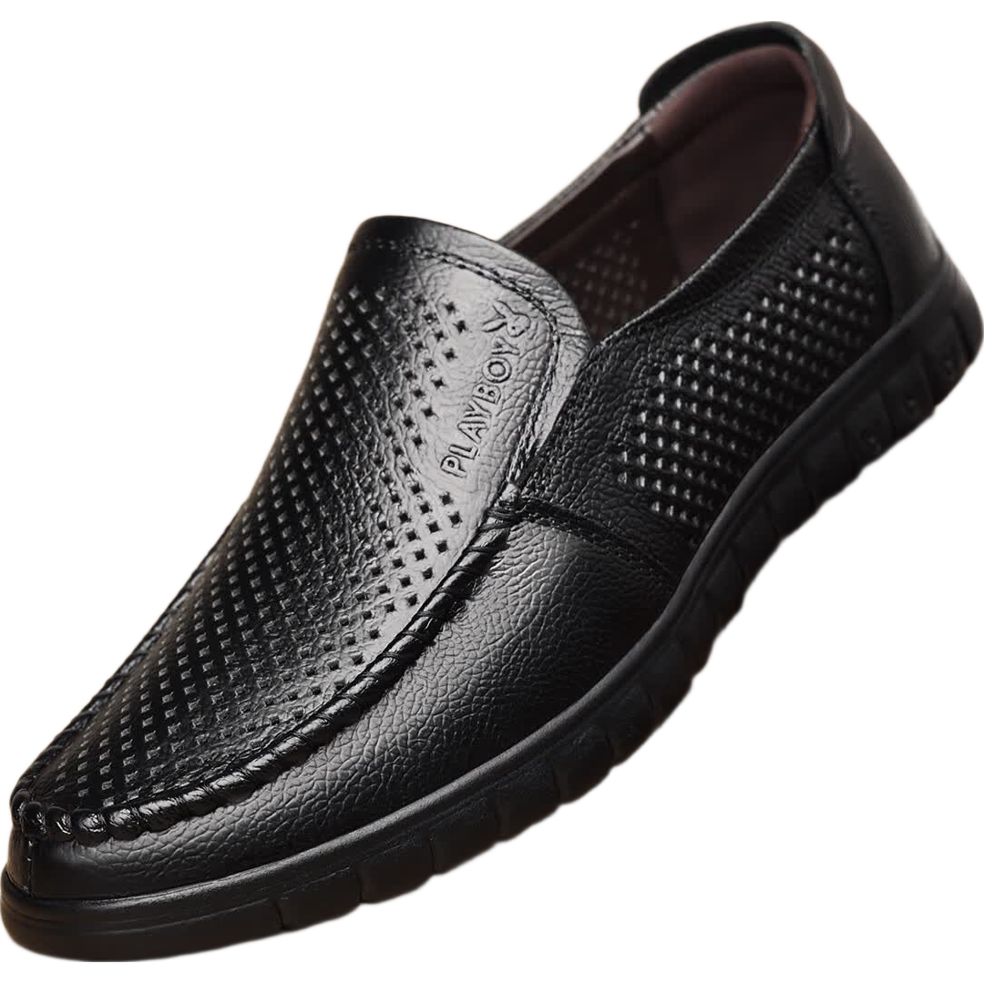 PLAYBOY Men's Shoes, Summer Hollow Breathable Soft Leather, Middle-Aged And Elderly Dad Shoes, Slip-On Business Casual Leather Shoes, Black, Size 40