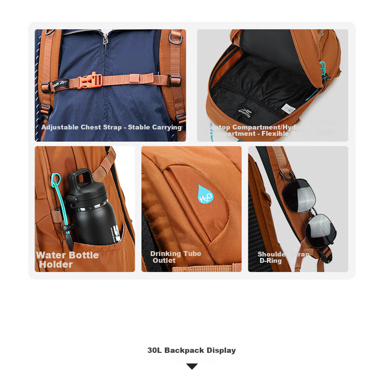 Reebok Large Capacity Hiking Backpack Women Lightweight Sports Outdoor Travel Laptop School Bag Men Caramel 40L 15