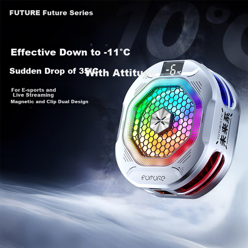 Future Series 30W Magnetic Phone Cooler FX6 RGB Lighting Gaming Live Streaming Semiconductor Cooling Clip Cooler Compatible with Tablets Apple 17 iPad Xiaomi Red Magic iQOO