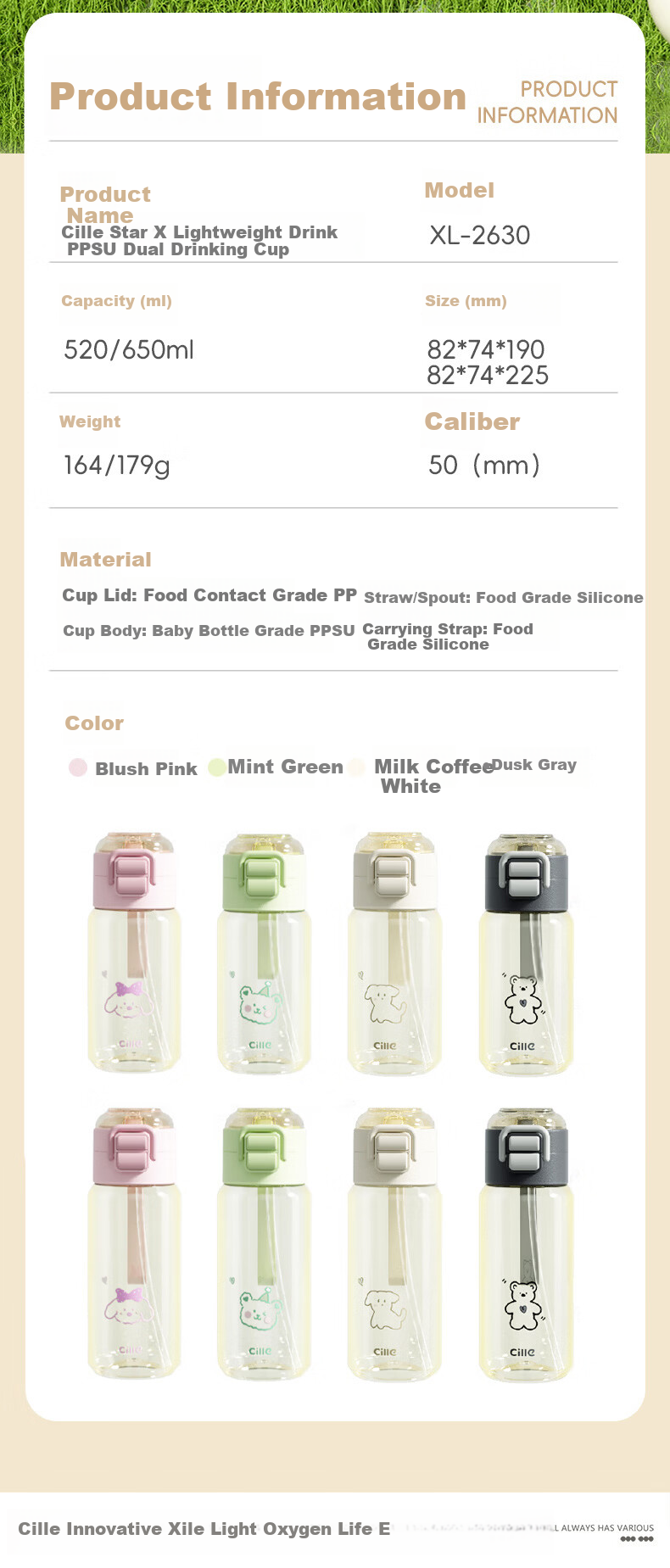 Cille Large Capacity Student School-Specific Straw Cup Outdoor Sports Water Bottle Stylish PPSU Direct Drinking Cup Children's Cup 12
