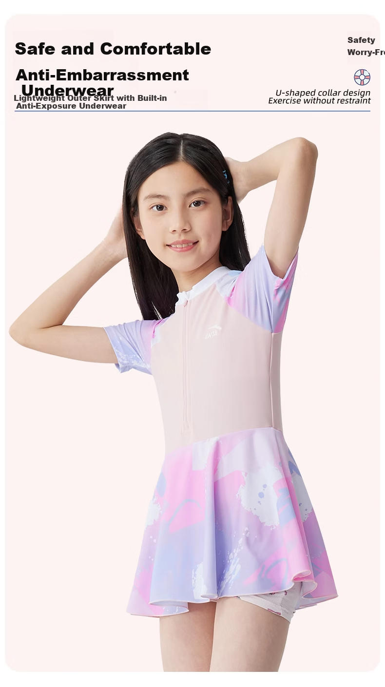 ANTA Kids Girls One-Piece Skirted Sunscreen Swimwear Youth Student Large Child Hot Spring Swimsuit Pink 170 5