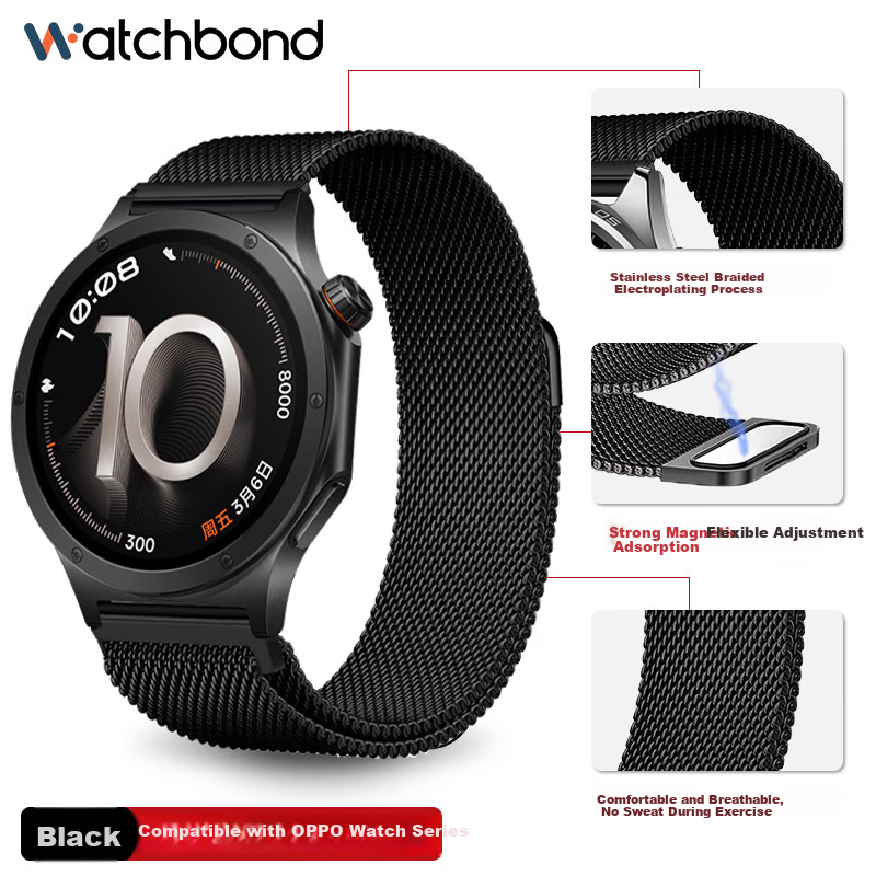 Watchbond Milanese Magnetic Stainless Steel Strap for OPPO Watch X3/X2, Watch 4 Pro/S, 46mm Dial