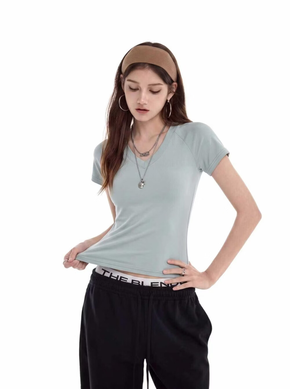 ICH MODE American Slim Fit V-Neck Shoulder Short Sleeve T-Shirt Women Summer New Slim Short Hot Girl Half Sleeve Top Dark Gray M 12