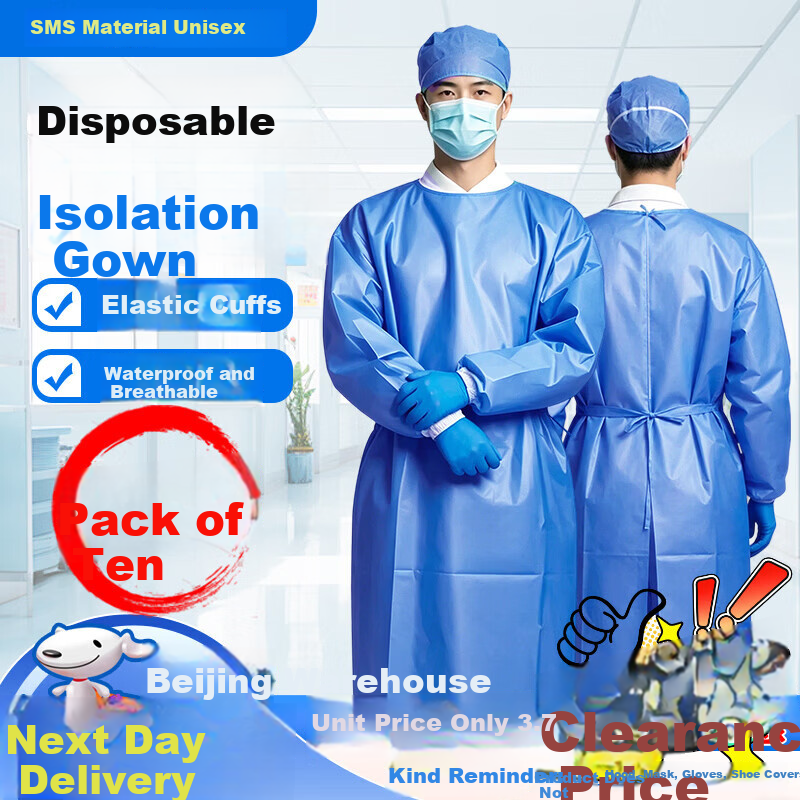 Beifute Disposable Isolation Gown Protective Clothing Blue Reverse Thickened SMS Non-woven Isolation Suit SMS 45g [Thickened 10 Pieces]