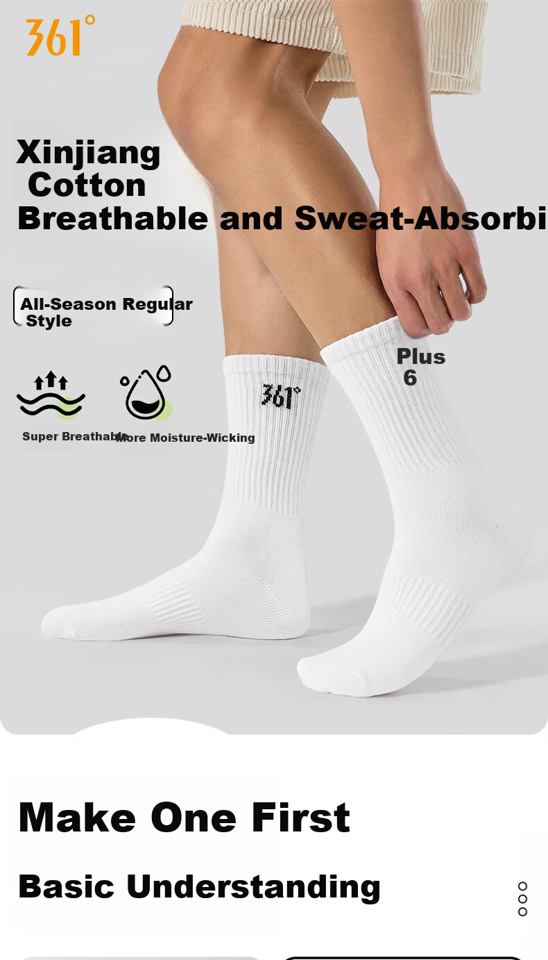 361° Spring Summer Cotton Mid-Calf Men's Sports Casual Solid Color Breathable Long Socks White - 4 Pairs Pack 1