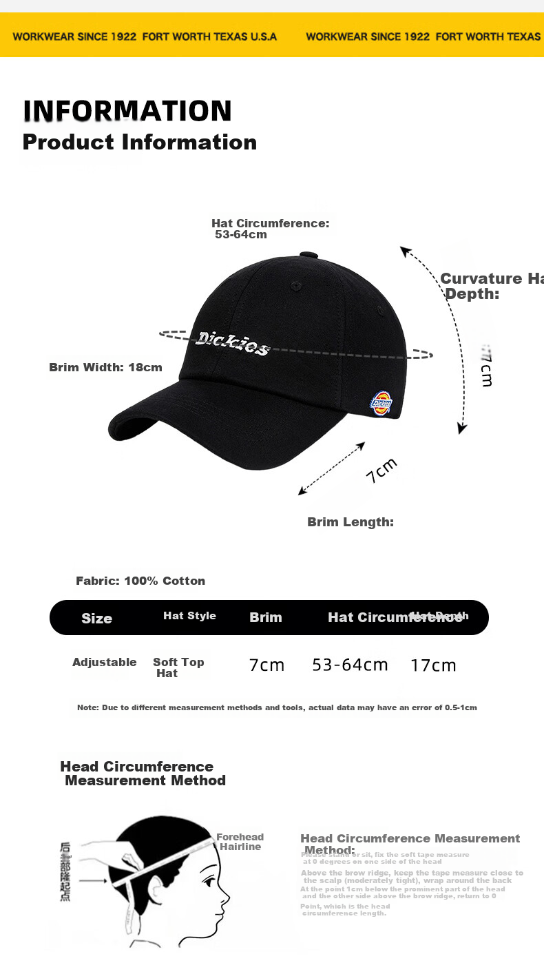 Dickies Cotton Soft Top Baseball Cap Unisex Couple Style Slim Face Duckbill Hat American Sunshade Embroidered Black 2