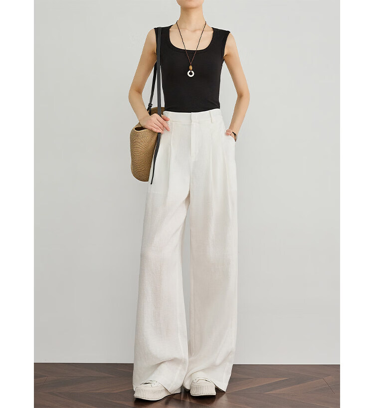 FAESSLIN Kochi Old Money Style Gray Linen Summer Thin Tencel High-Quality Draped Casual Wide-Leg Pants for Women 27