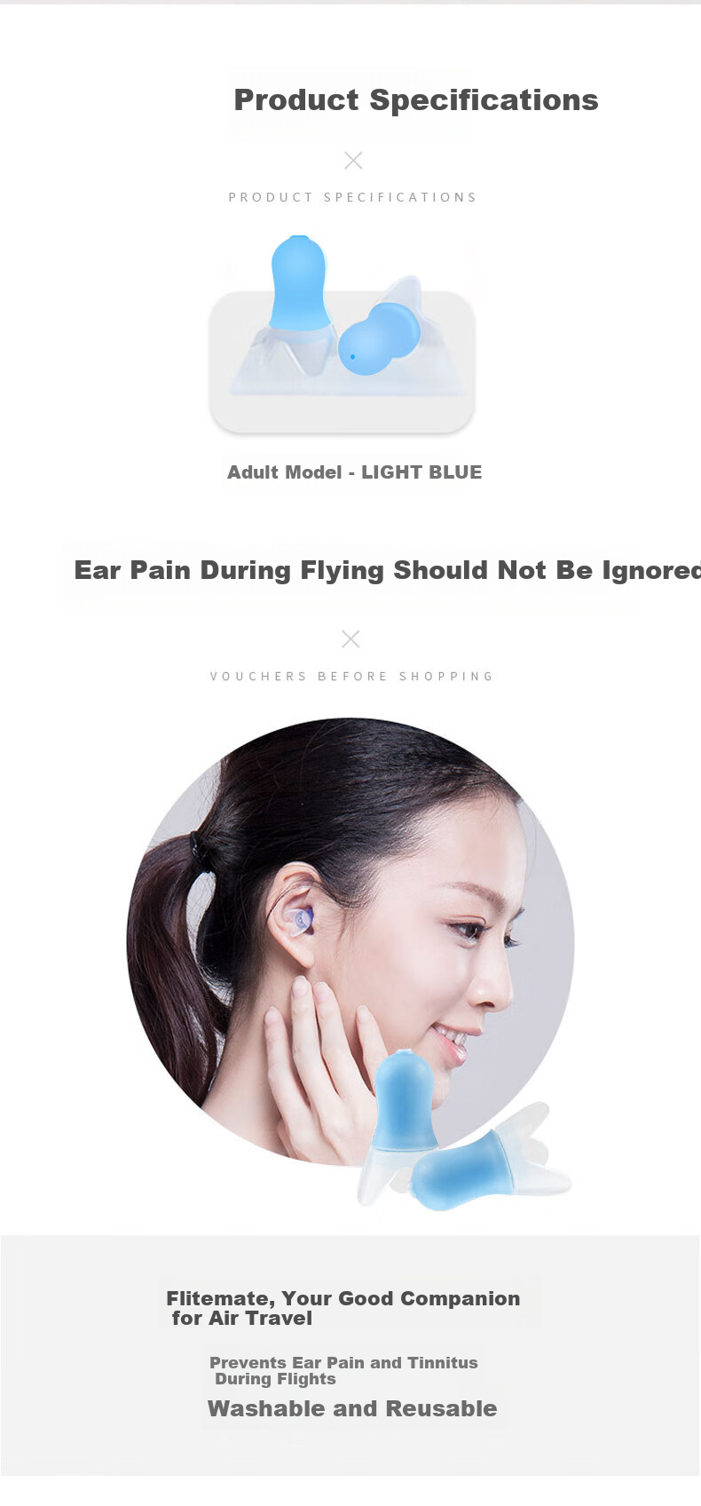 Flight Pressure Relief Earplugs Silicone Noise Reduction Soundproof for Airplane and High-Speed Rail Adult Standard Size Sea Salt Blue 2