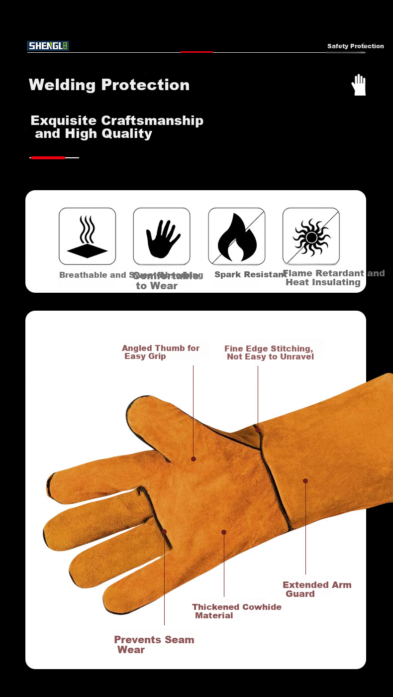 SHENGLI HS624Y Welding Gloves, Cowhide Canvas Patchwork, Wear-Resistant, Anti-Scalding, Industrial Heat-Insulating, Protective Welding Gloves, 26cm, 1 Pair 6