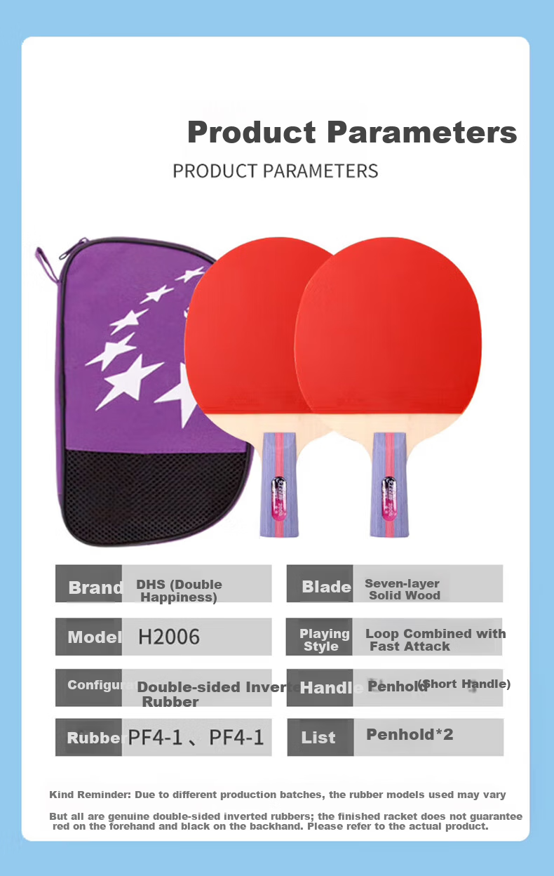 DHS H2006 2-Star Table Tennis Paddle Straight Handle Advanced Inverted Rubber Racket with Case 1