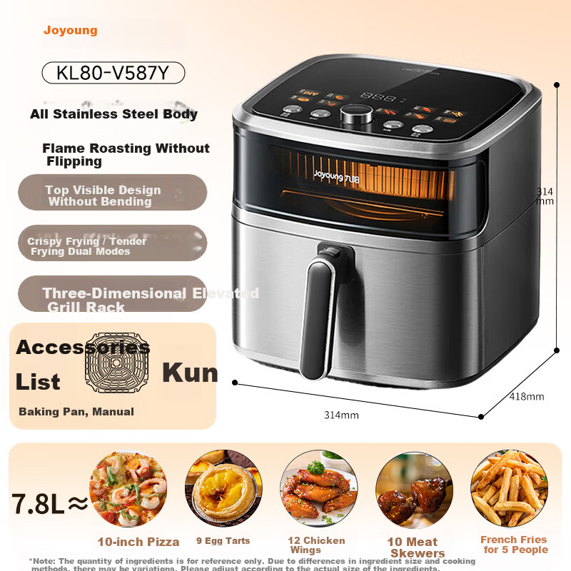 Joyoung Dual Heat Source Air Fryer 7.8L Large Capacity Visible Window Stainless Steel Steam Oven KL80-V587Y